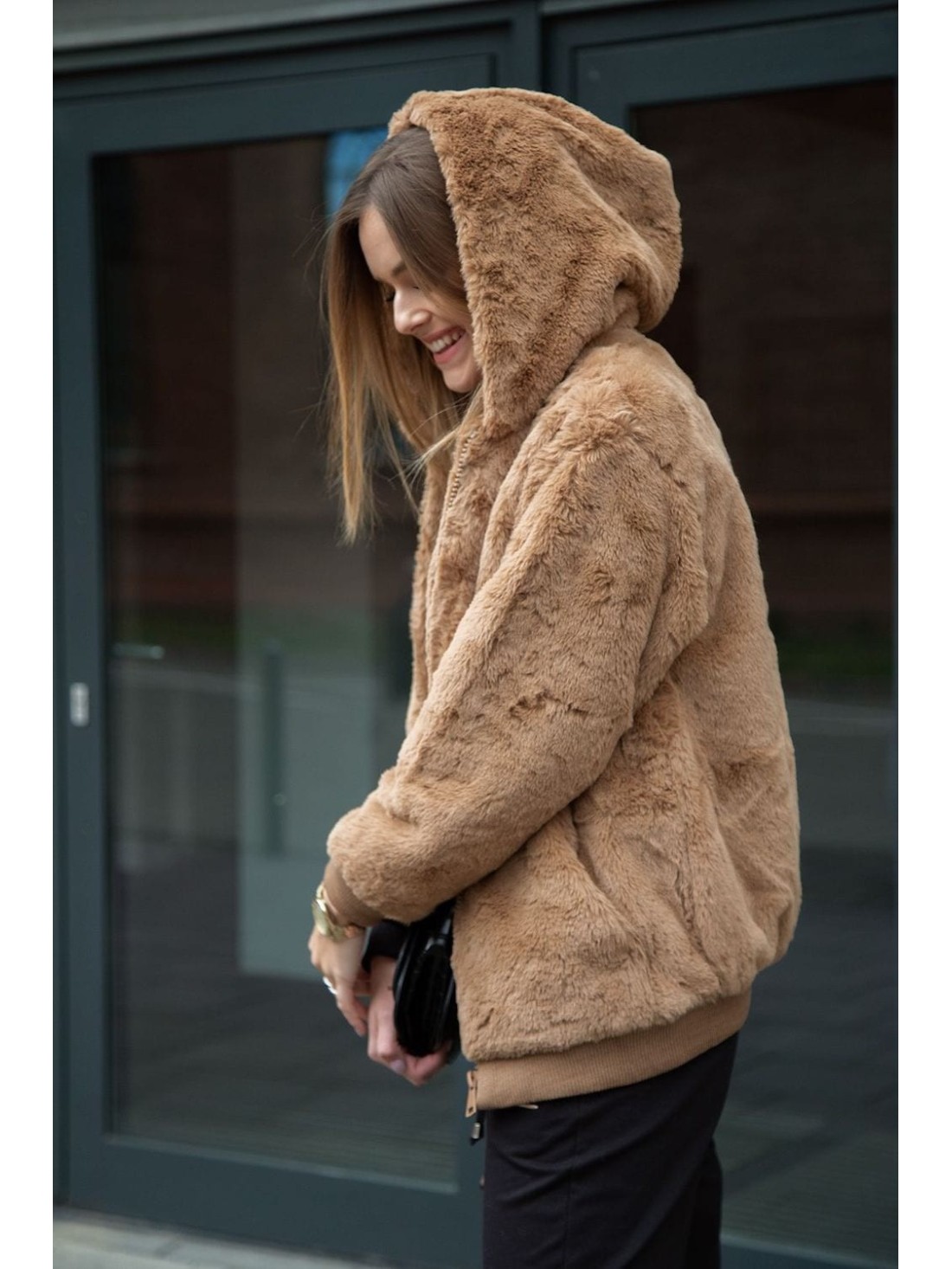 Fur bomber jacket with hood, caramel 018560 - Online store - Boutique